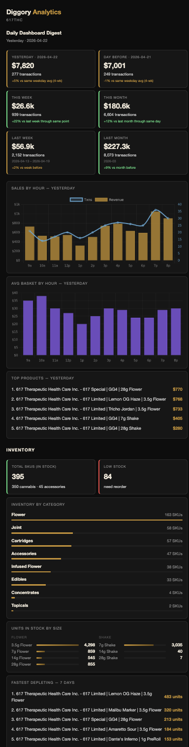 Diggory daily digest email showing revenue cards, hourly charts, top products, and inventory depth